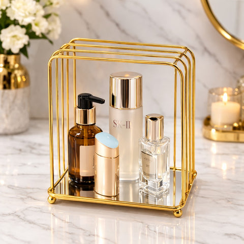 Gold Metal Makeup Organizer with Mirror Tray (Cosmetic Storage Rack)