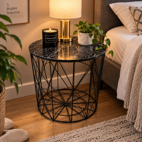 Modern Wooden Top Side Table – Black Metal Frame