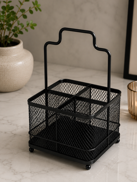 Golden Metal Mesh Cutlery Organizer Caddy with Handle