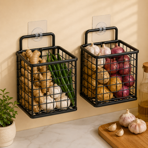 Round Wall Mounted Kitchen Storage Basket – Self Adhesive Metal Organizer