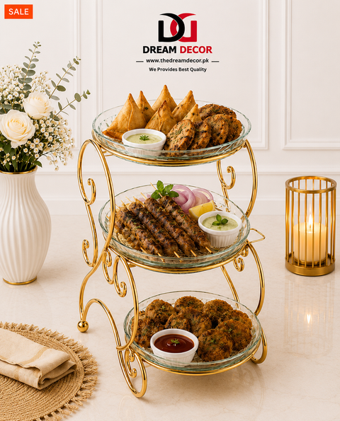 Luxury 3-Tier Glass Serving Stand Golden Metal Frame