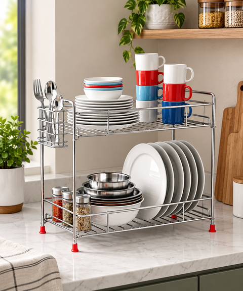 2-Tier Premium Kitchen Dish Rack & Organizer – Silver