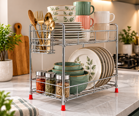 2-Tier Premium Kitchen Dish Rack & Organizer – Silver