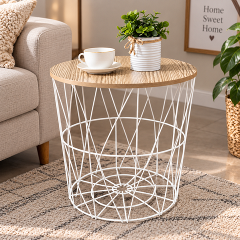Modern Wooden Top Side Table – Black Metal Frame