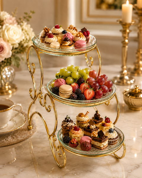 Luxury 3-Tier Glass Serving Stand with Golden Metal Frame