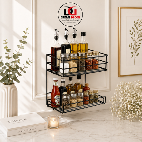 2-Tier Wall Mounted Kitchen Spice Rack – Black Metal Organizer Shelf