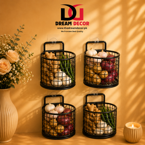 Wall Mounted Metal Mesh Kitchen Basket Rack – Black