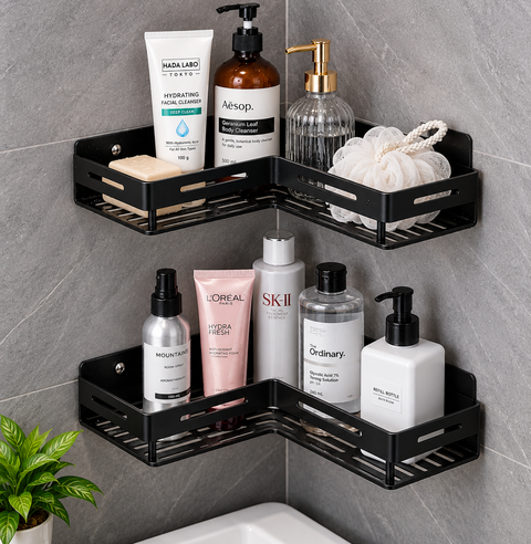 Matte Black Corner Shower Shelf – Wall Mounted Bathroom Organizer