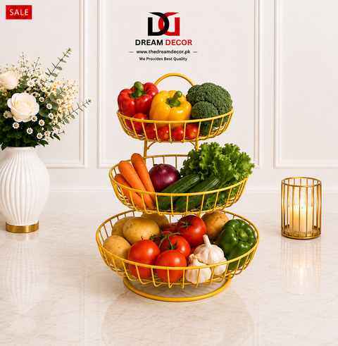 3-Tier Golden Metal Fruit & Vegetable Storage Basket Stand