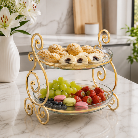Luxury 2-Tier Gold Glass Serving Stand – Dessert, Fruit & Cake Display Tray