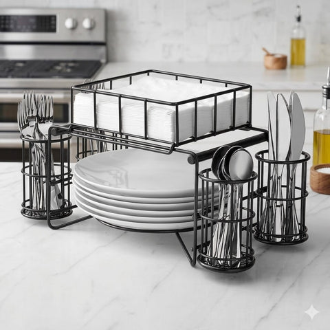 3-in-1 Luxury Metal Buffet Organizer – Plate, Cutlery & Napkin Holder