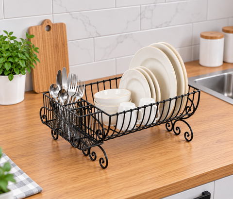 Premium Black Metal Dish Rack with Cutlery Holder | Kitchen Plate Organizer