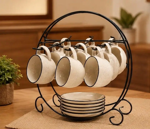 Elegant Black Metal Cup & Plate Holder – 6 Cup & 6 Plate Organizer