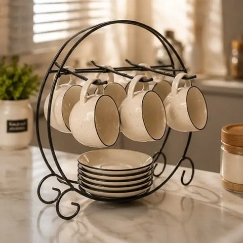 Elegant Black Metal Cup & Plate Holder – 6 Cup & 6 Plate Organizer