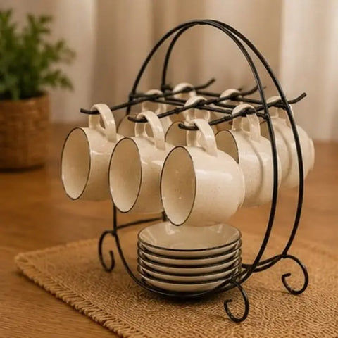 Elegant Black Metal Cup & Plate Holder – 6 Cup & 6 Plate Organizer