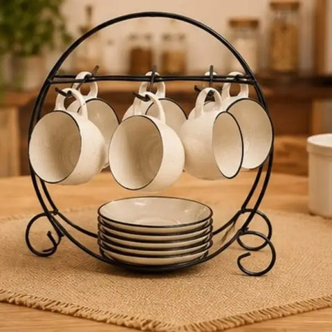 Elegant Black Metal Cup & Plate Holder – 6 Cup & 6 Plate Organizer
