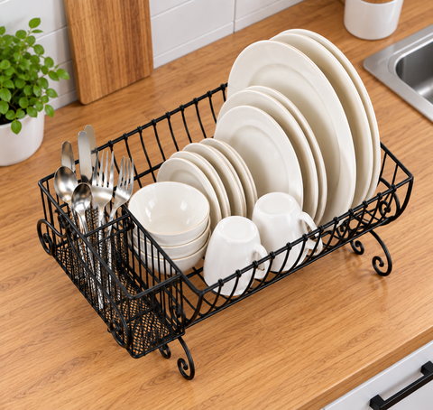 Premium Black Metal Dish Rack with Cutlery Holder | Kitchen Plate Organizer