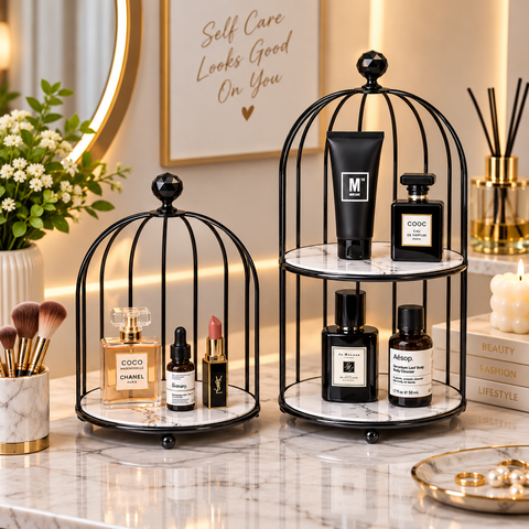 Elegant 2-Tier Black Birdcage Makeup Organizer – Vanity & Cosmetic Holder