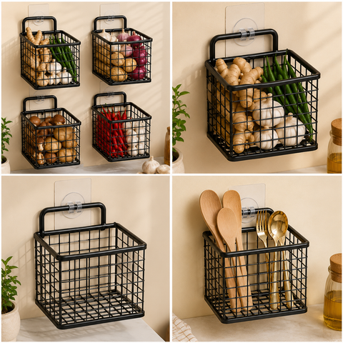Round Wall Mounted Kitchen Storage Basket – Self Adhesive Metal Organizer
