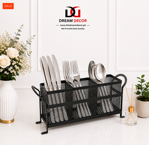 3-Compartment Metal Mesh Cutlery Organizer with Handle