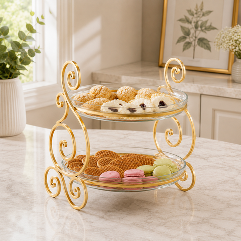 Luxury 2-Tier Gold Glass Serving Stand – Dessert, Fruit & Cake Display Tray