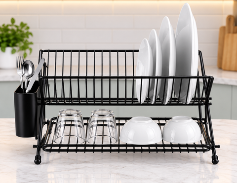 2-Tier Metal Dish Rack with Cutlery Holder – Black