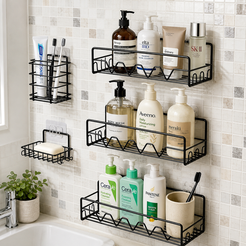 Premium 5-Piece Adhesive Bathroom & Kitchen Organizer Rack Set