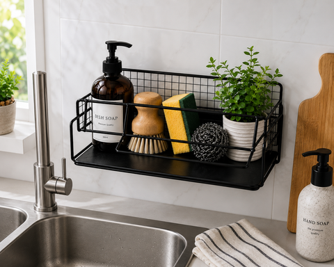 Premium Black Metal Sink Organizer & Cleaning Rack
