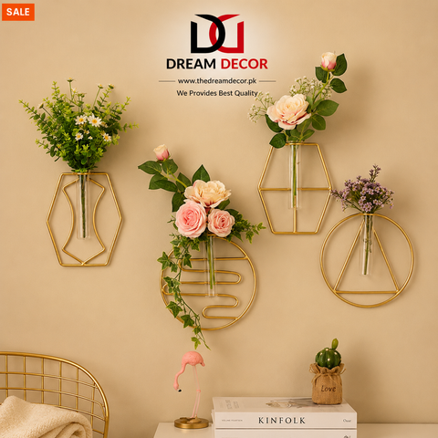 Modern Metal Wall Hanging Vase Set – Geometric Floral Wall Decor (4 Pcs)
