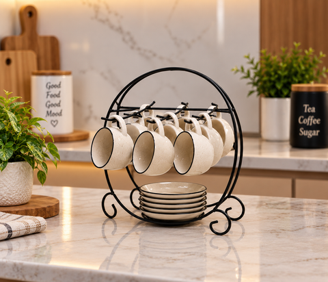Elegant Black Metal Cup & Plate Holder – 6 Cup & 6 Plate Organizer
