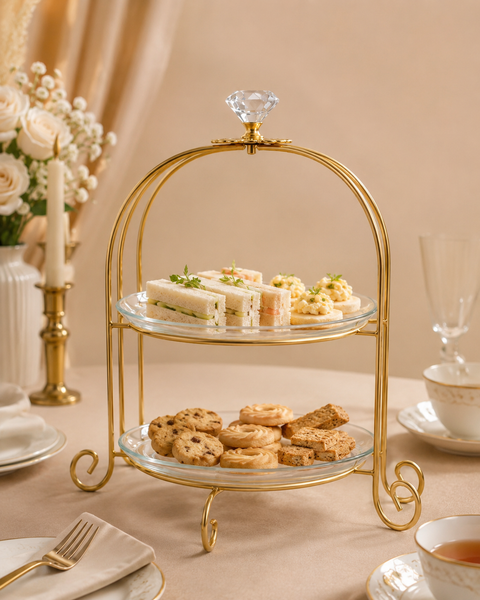 Golden 2-Tier Serving Stand with Glass Plates