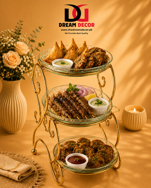 Luxury 3-Tier Glass Serving Stand with Golden Metal Frame