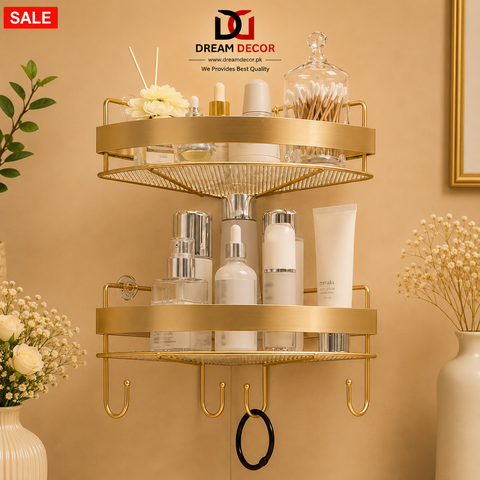 Luxury 2-Tier Golden Bathroom Corner Rack with Hooks