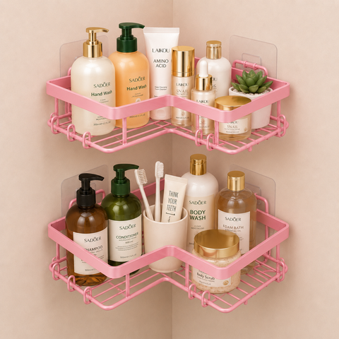 2-Tier Pink Corner Bathroom Shelf | Wall Mounted Shower Organizer Rack