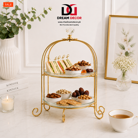 Golden 2-Tier Serving Stand with Glass Plates
