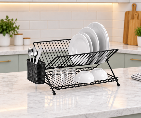 2-Tier Metal Dish Rack with Cutlery Holder – Black