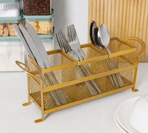 Premium Golden 3-Section Cutlery Organizer – Kitchen Utensil Holder