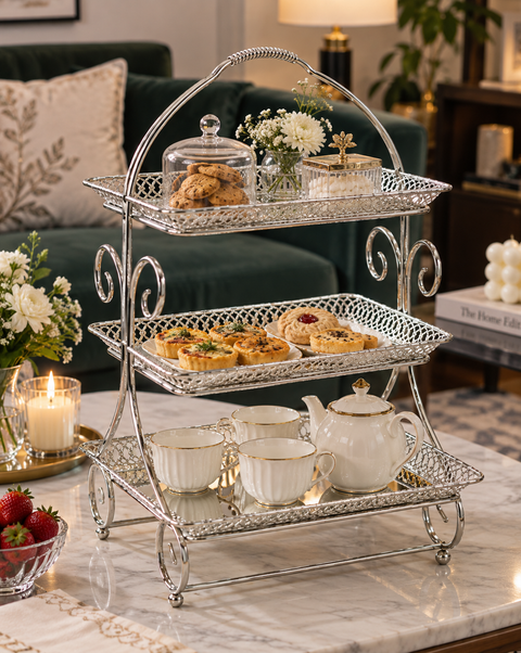 Luxury 3-Tier Silver Serving Stand – Elegant Tea & Dessert Organizer
