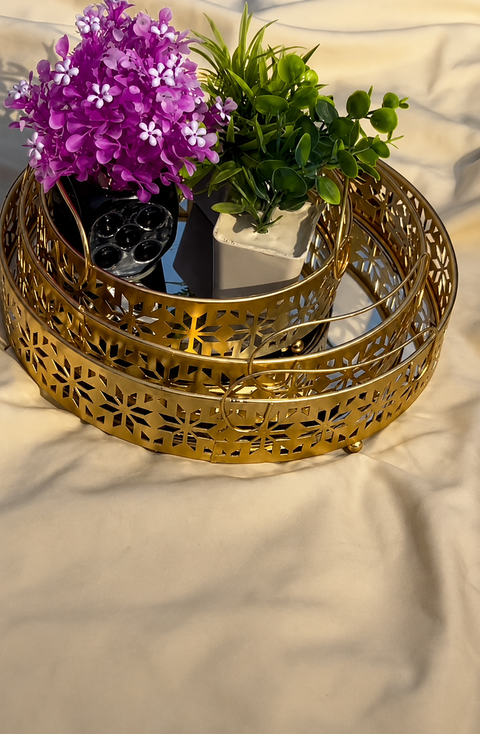 Luxury Golden Round Metal Tray – Mirror Base Decorative Organizer