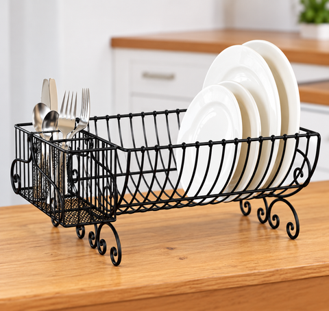 Premium Black Metal Dish Rack with Cutlery Holder | Kitchen Plate Organizer