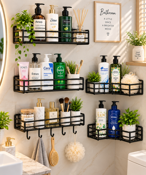Premium Wall Mounted Bathroom Organizer Rack with Hooks – Black Metal Storage Shelf