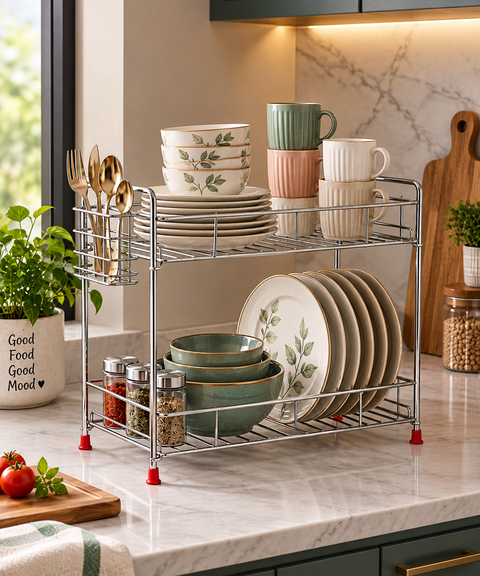 2-Tier Premium Kitchen Dish Rack & Organizer – Silver