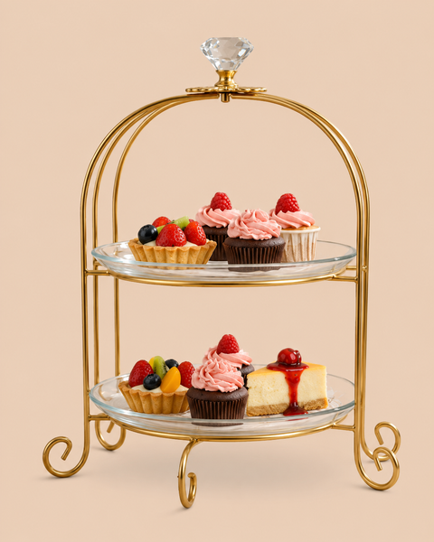 Golden 2-Tier Serving Stand with Glass Plates