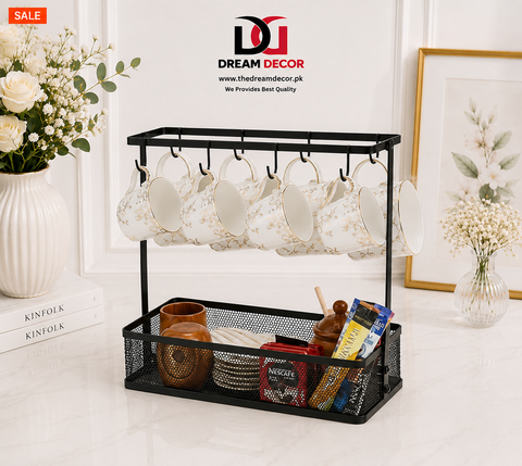Elegant Countertop Mug Holder With Storage Basket – 6 Cup Hanging Rack