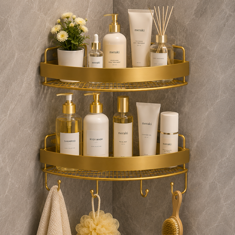 Luxury 2-Tier Golden Bathroom Corner Rack with Hooks