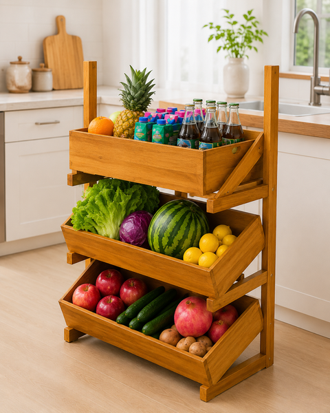 3 Tier Wooden Fruit & Vegetable Storage Rack – Multipurpose Kitchen Organizer