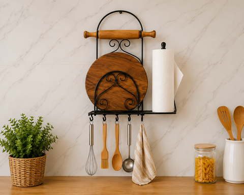 Wall Mounted Kitchen Organizer Rack with Paper Towel Holder