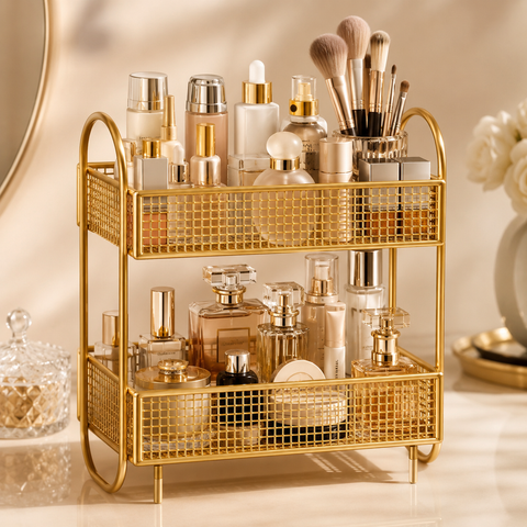 Golden 2-Tier Makeup & Skincare Organizer Rack