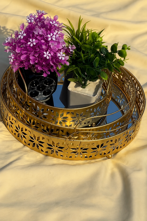 Luxury Golden Round Metal Tray – Mirror Base Decorative Organizer