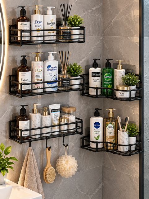 Premium Wall Mounted Bathroom Organizer Rack with Hooks – Black Metal Storage Shelf